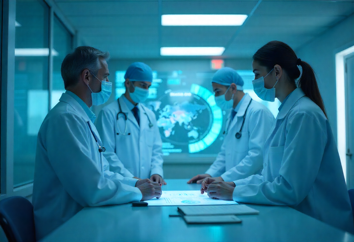 Physicians using AI to access real-time medical evidence in a modern clinic.