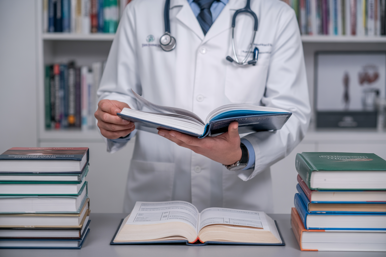 a-physician-standing-at-a-desk-flipping-through-a-research paper