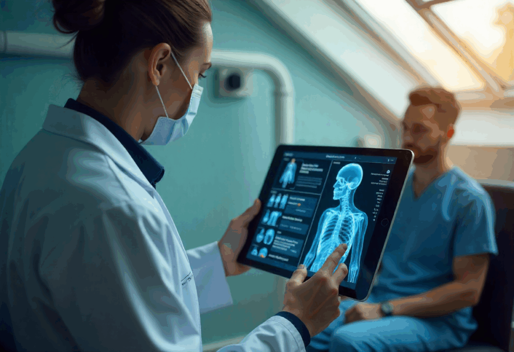 Doctor using AI assistant to access diagnostic evidence at point of care.