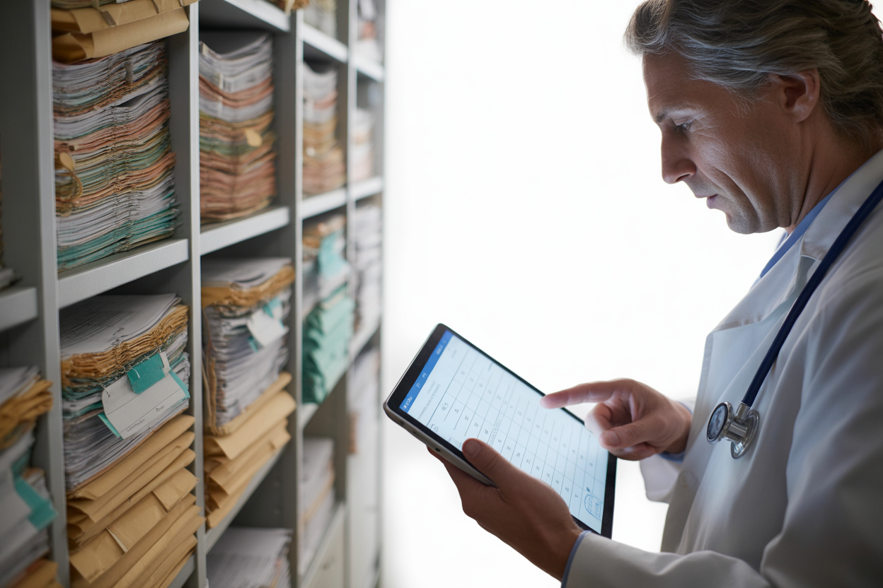 doctor and shelves of documentation