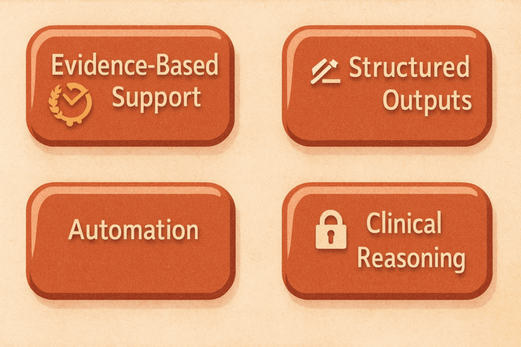 Infographic with four icons labeled: Evidence-Based Support, Automation, Structured Outputs, Clinical Reasoning. Modern flat medical design, teal gradients, white background. What Are AI Apps for Doctors?
