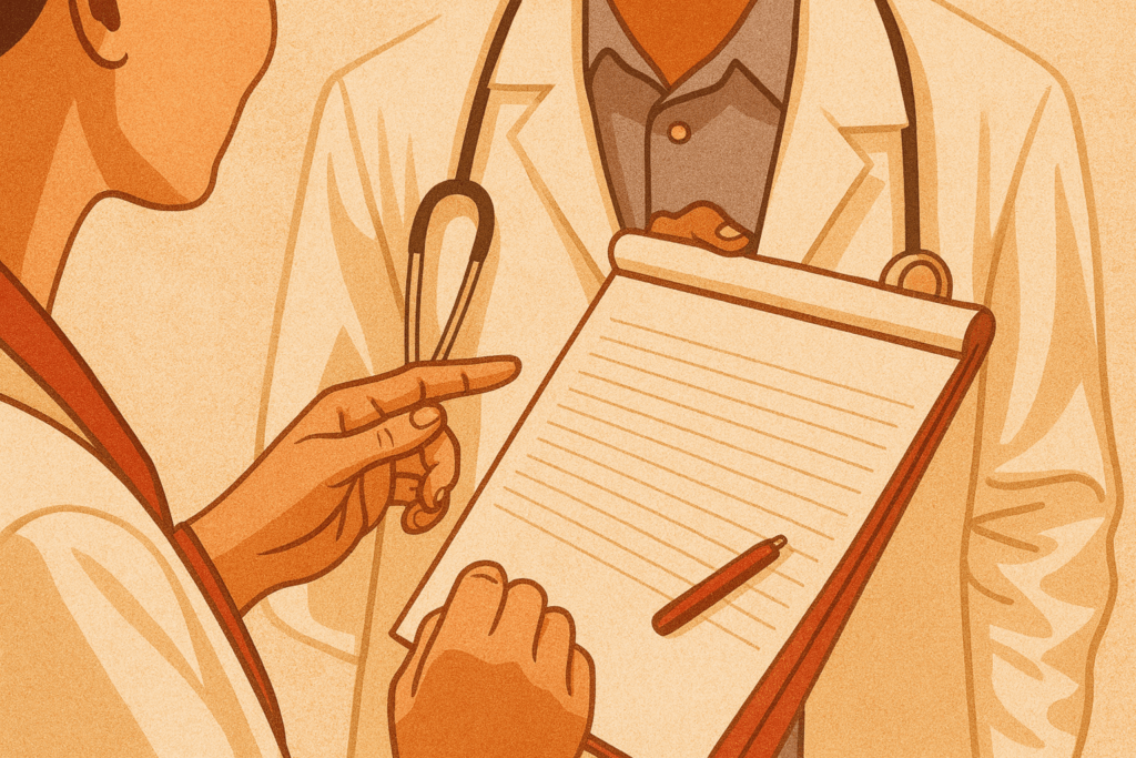 A digital notepad generating structured SOAP notes automatically while a doctor speaks with a patient.