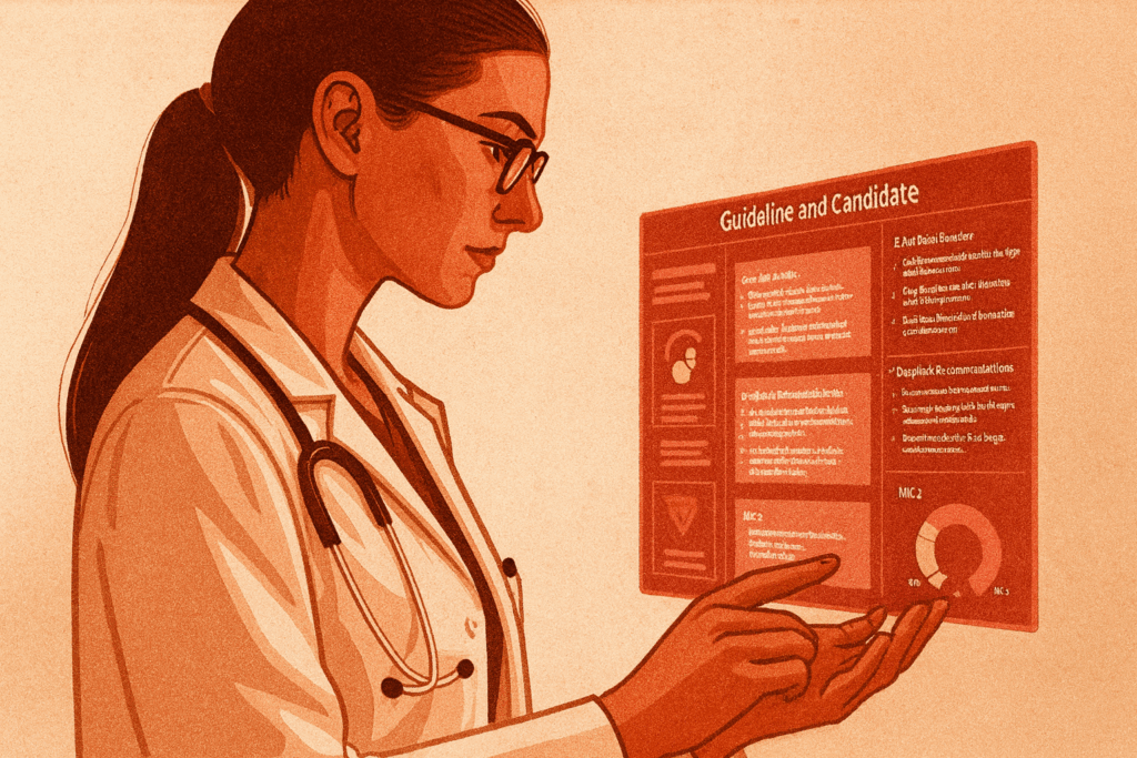 Doctor using AI assistant that displays guideline summaries and evidence citations on a holographic screen. Include icons for research papers, checklists, and red flags. Evidence-Based CDS