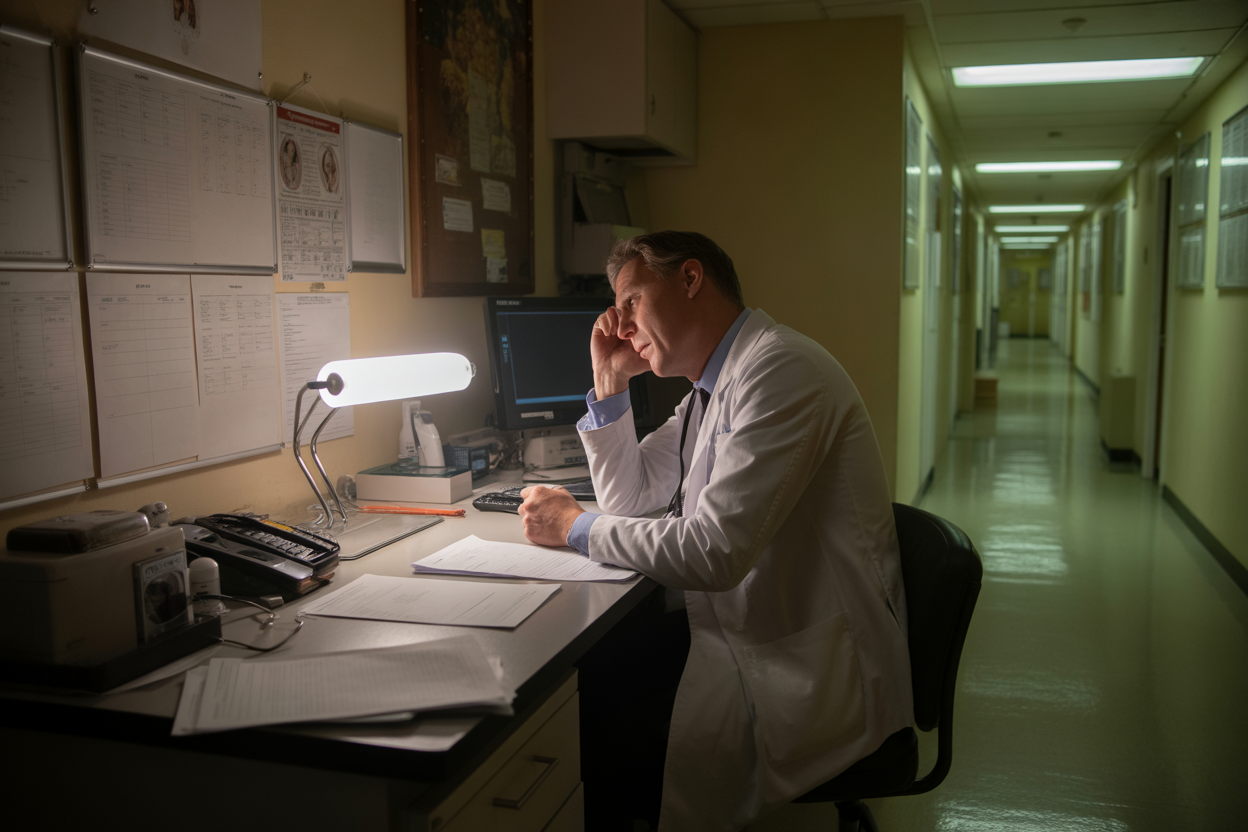 tired-doctor-sitting-alone-at-a-clinic-desk-late