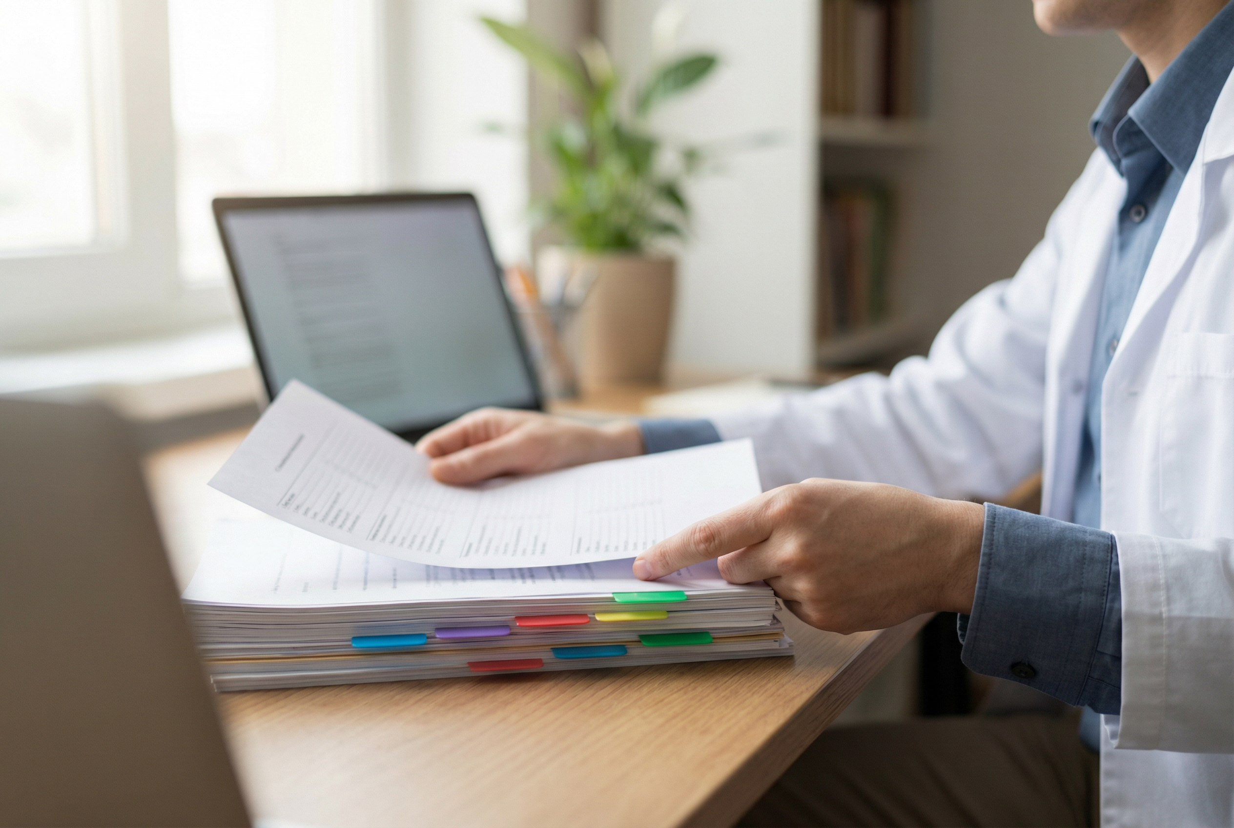 a-clinician-at-a-desk-holding-a-printed-clinical-questions