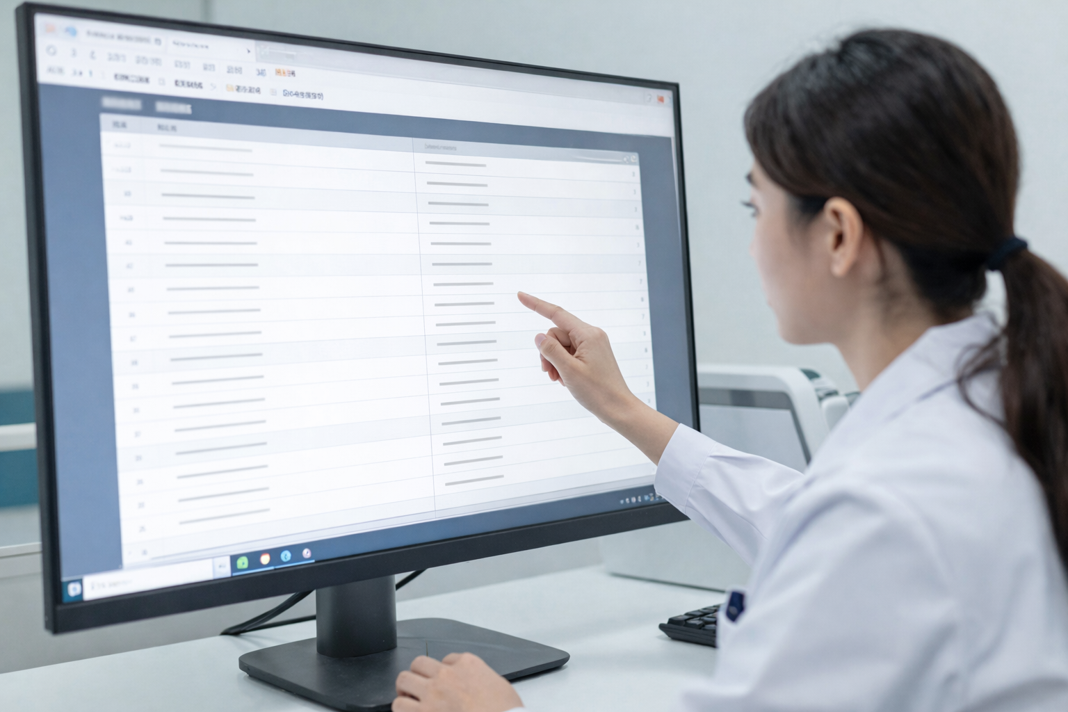 AI medical assistant presenting structured evidence summaries to a clinician in a hospital setting