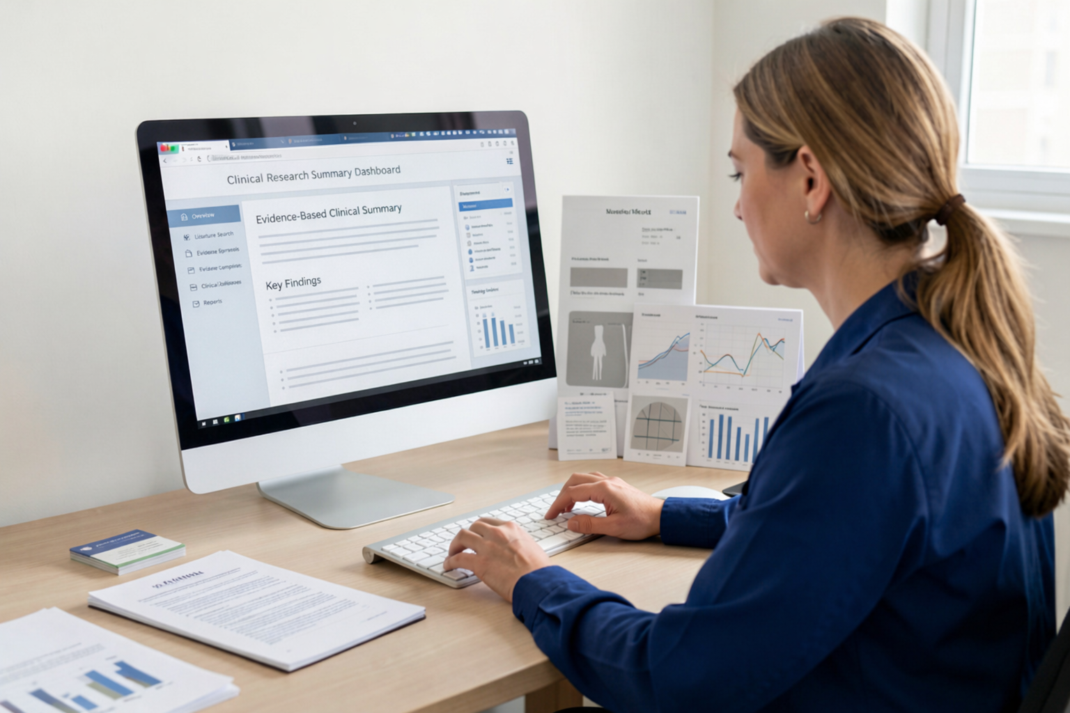 Medical research assistant helping a clinician review evidence-based studies in a clinical setting