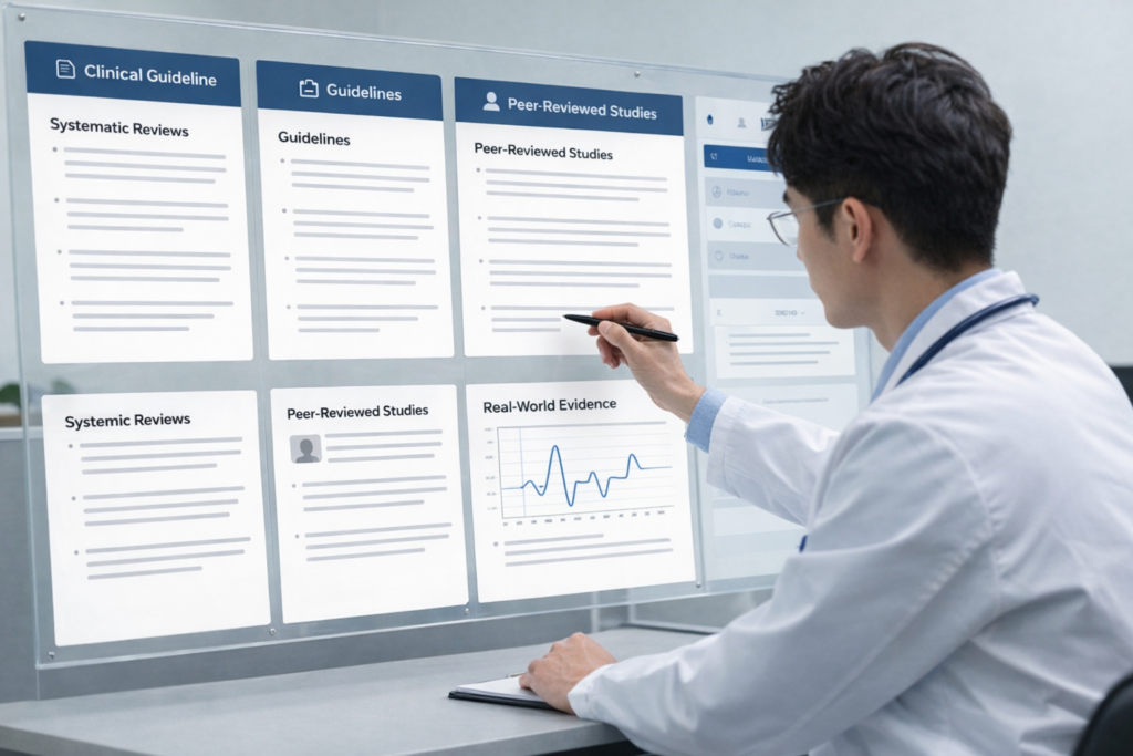 Medical research assistant grounded in retrieved clinical evidence and guidelines