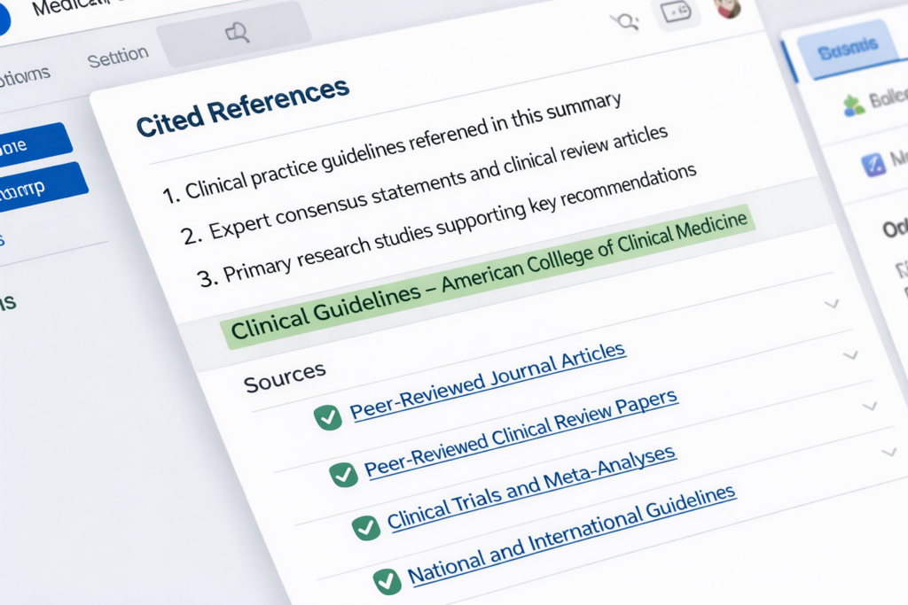 AI medical assistant displaying traceable clinical sources and evidence citations for transparency