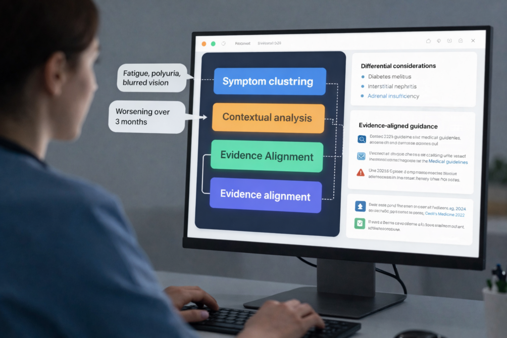 AI symptom checker transforming clinician-entered symptoms into structured, evidence-based clinical reasoning