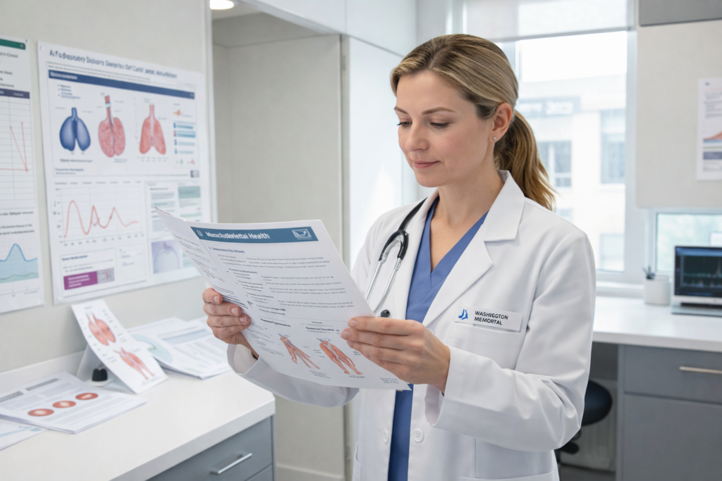 Illustration showing retrieval-augmented design where an AI medical system retrieves verified clinical evidence before presenting information to a clinician.
