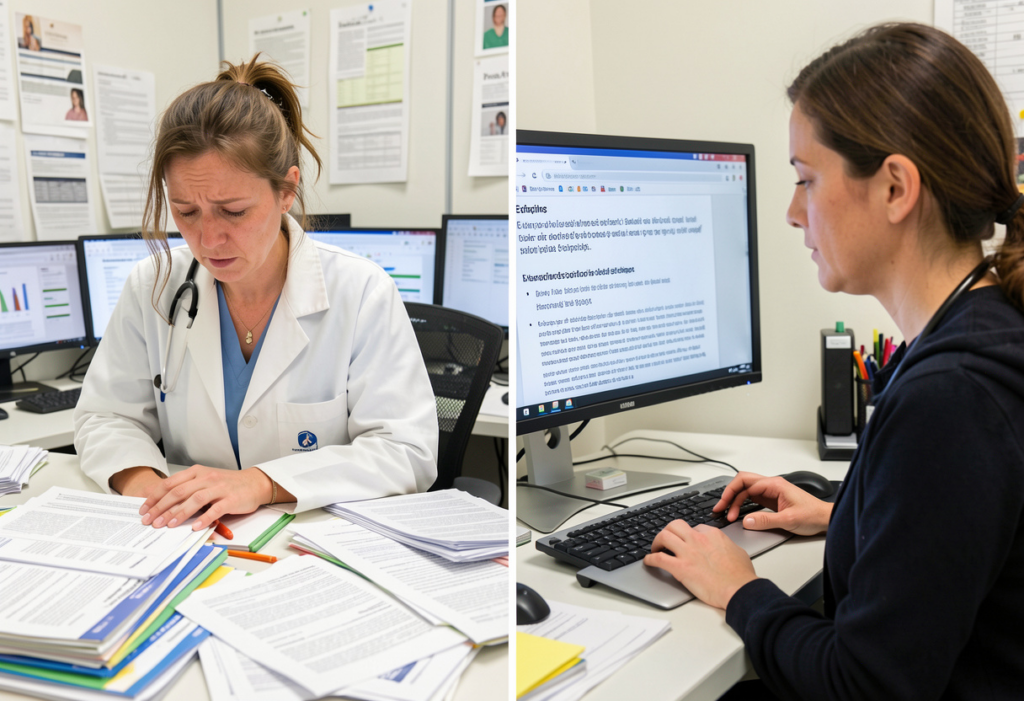 Clinician using an AI-powered medical research assistant to reduce evidence overload